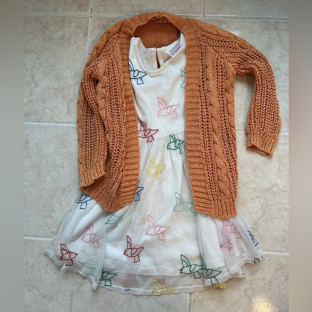 Hanna Andersson White Dress Embroidery & Cotton On Orange Cardigan Size 5-6-7